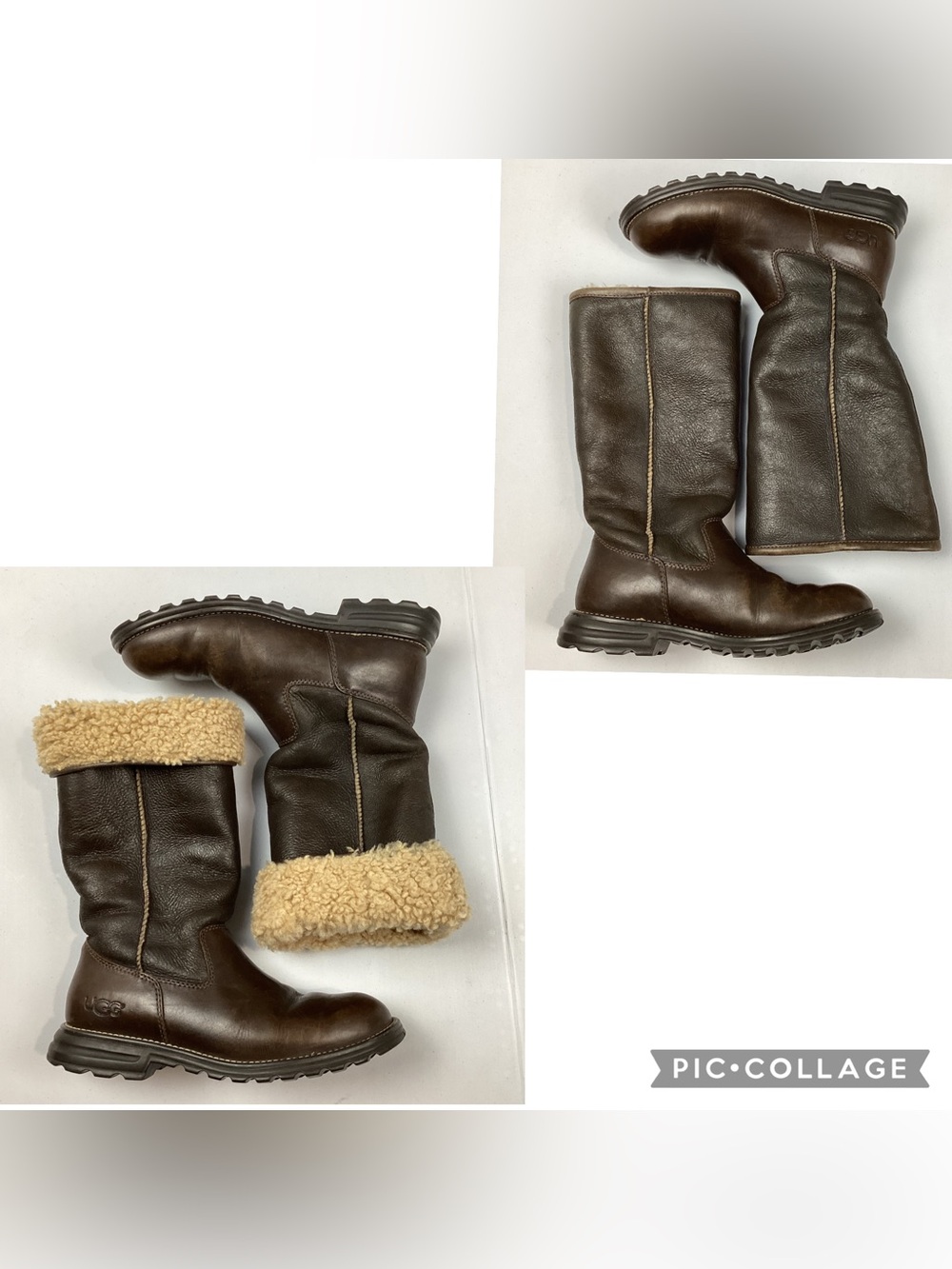 UGG Brooks Tall 5490 Brown Leather Shearling Lined Boots Womens Size 9 Flaws GUC